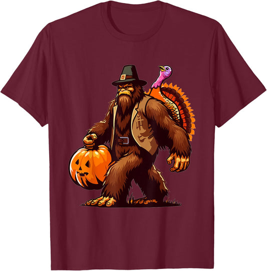 Bigfoot Pilgrim Turkey Pumpkin Thanksgiving Day T-Shirt - T-Shirt | Maroon