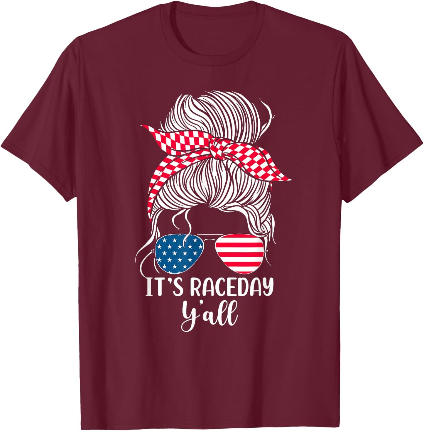 Dirt Track Racing Race Girl USA American Flag Glasses Bun T-Shirt - T-Shirt | Maroon