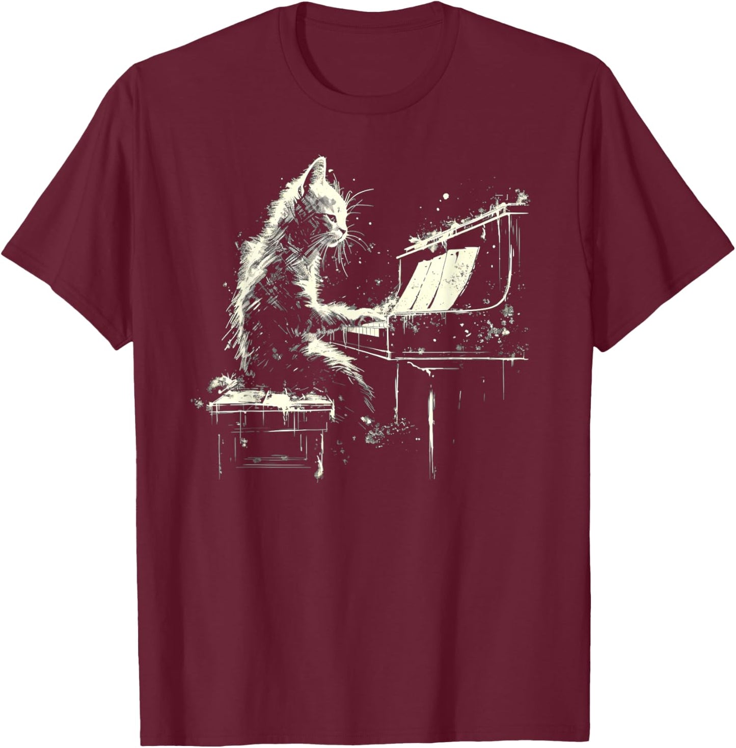 Cat Playing Piano Women Girls Kids T-Shirt - T-Shirt | Maroon