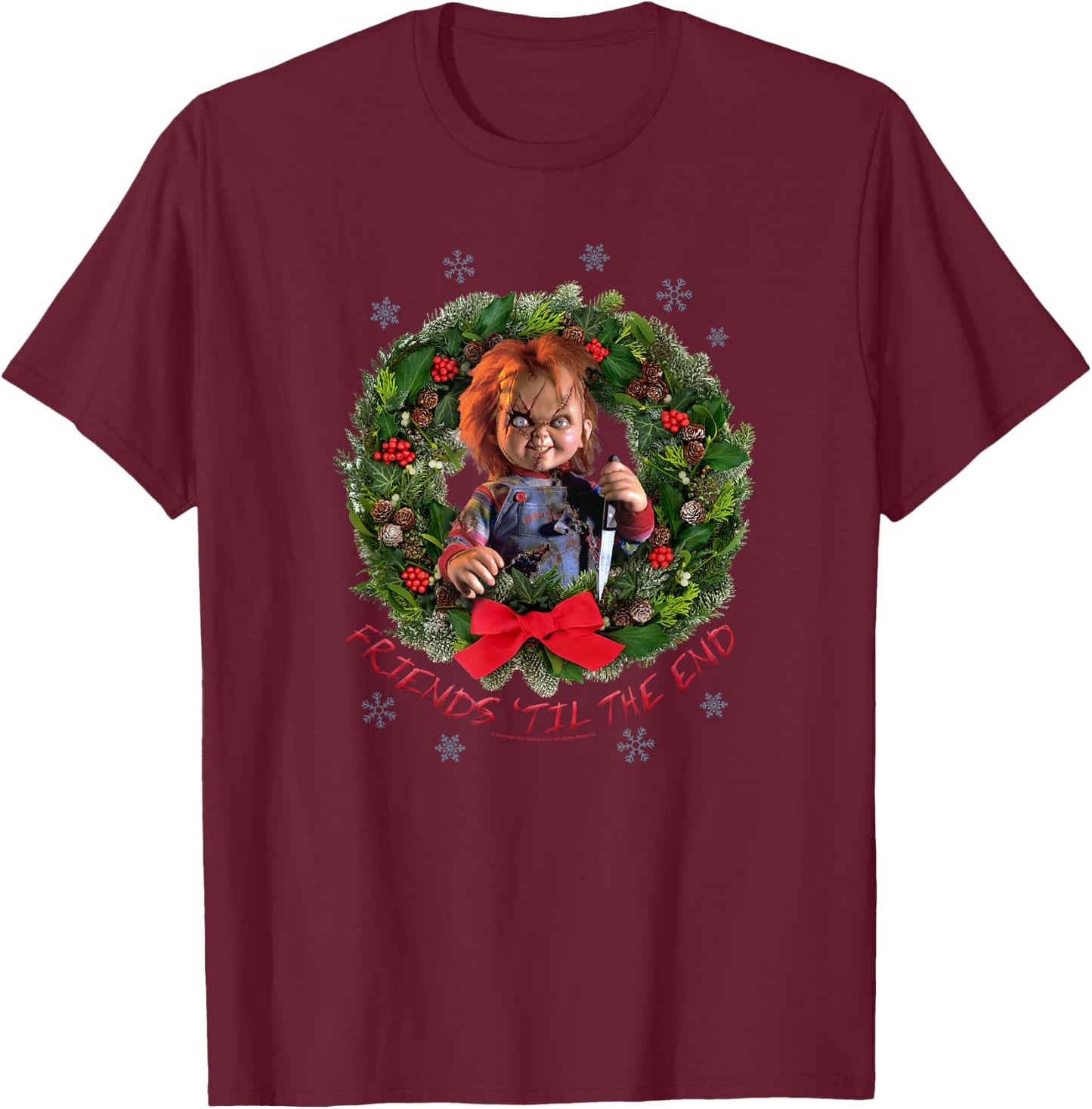 Chucky Christmas Wreath Friends Til the End T-Shirt - T-Shirt | Maroon
