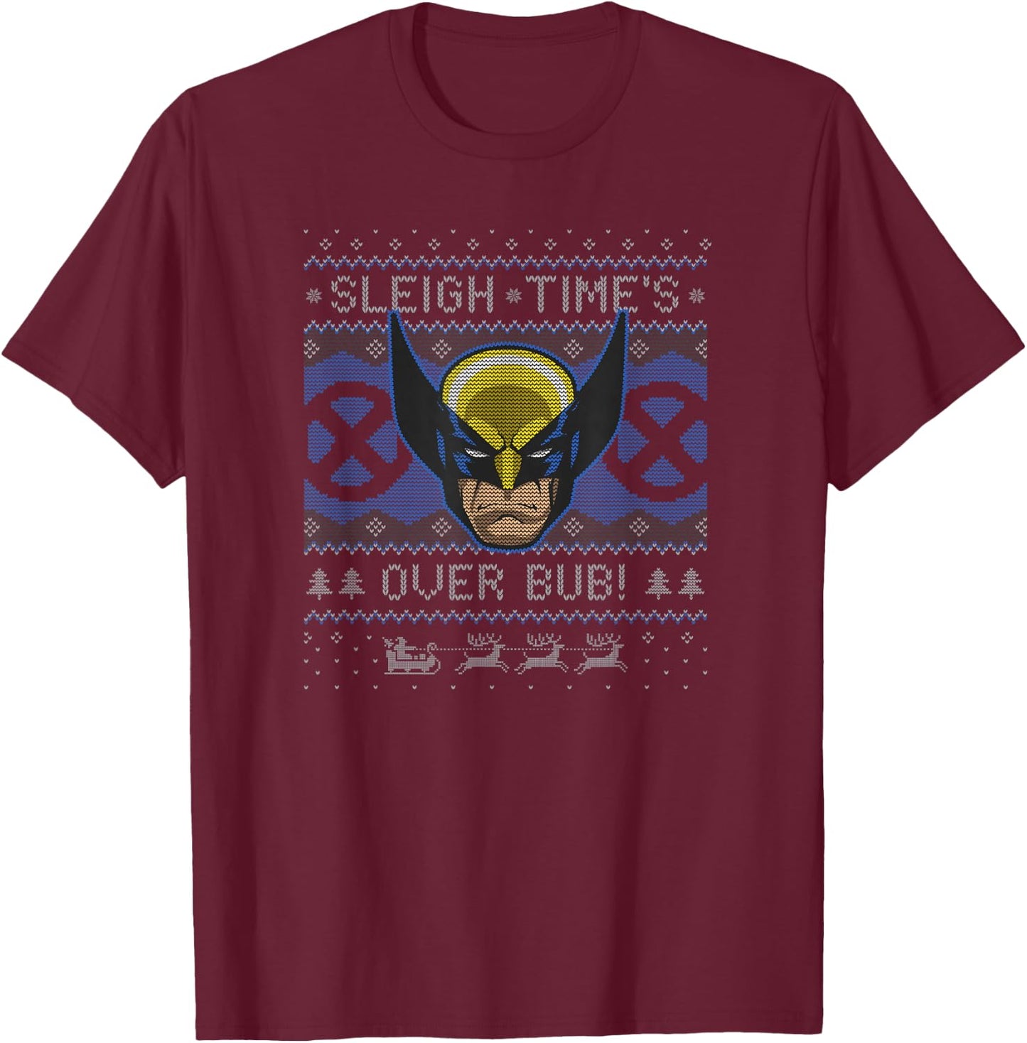 Marvel Christmas Wolverine Sleigh Times Over Bub! T-Shirt - T-Shirt | Maroon