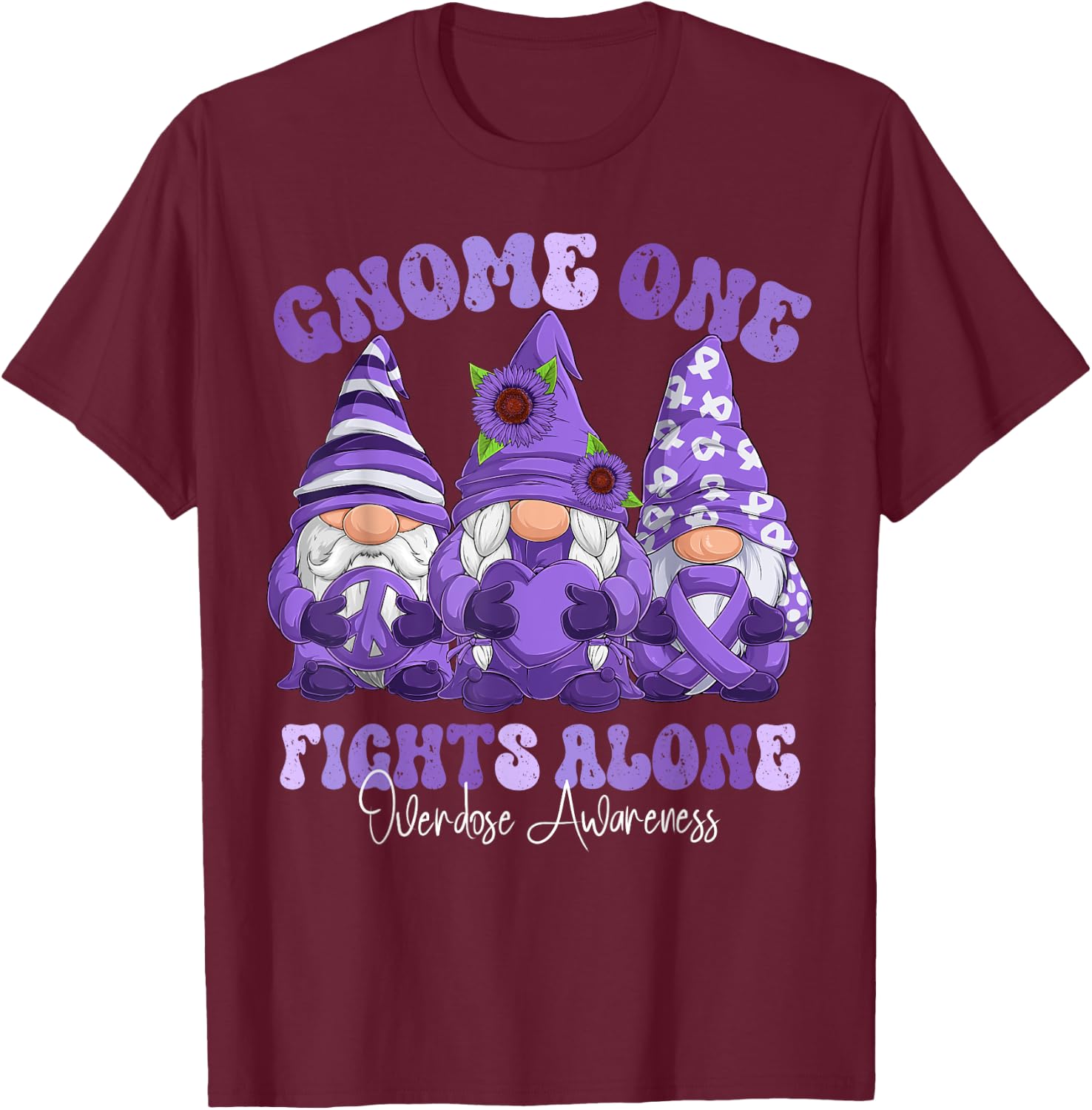 Overdose Awareness Month Purple Ribbon Gnomies T-Shirt - T-Shirt | Maroon