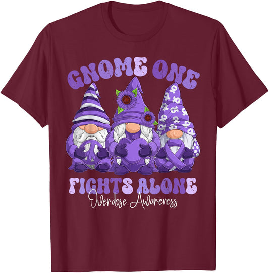 Overdose Awareness Month Purple Ribbon Gnomies T-Shirt - T-Shirt | Maroon