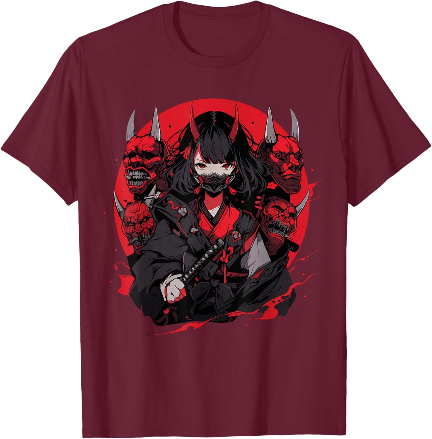 Anime Girl Gothic Waifu Japanese Kawaii Otaku Oni Mask T-Shirt - T-Shirt | Maroon