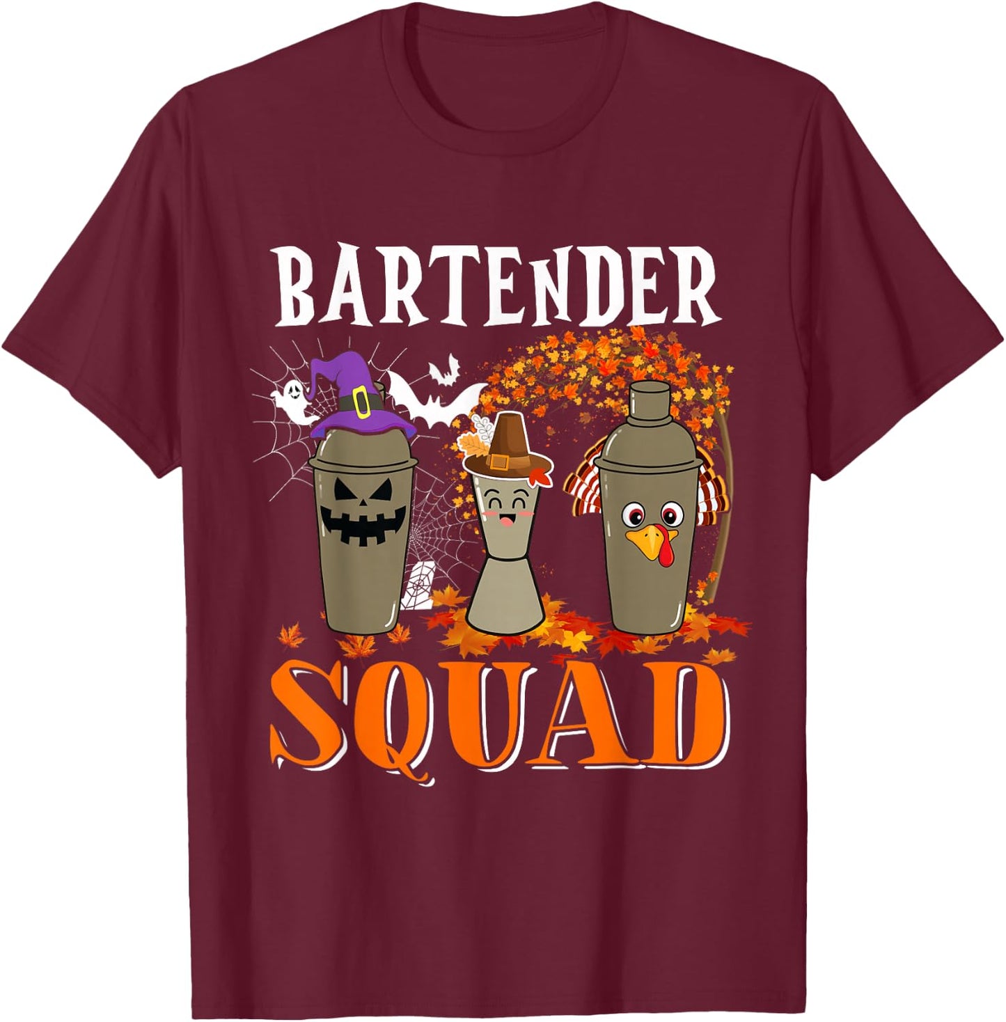 Bartender Squad Thanksgiving Halloween Fall Fall Tre Boo Ghosts T-Shirt - T-Shirt | Maroon