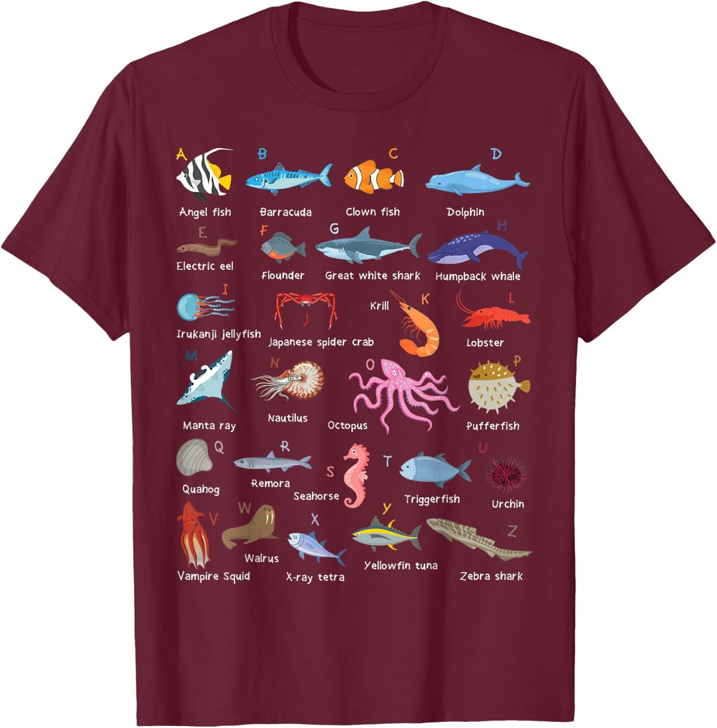 A-Z Ocean Life Exploration - Sea Creatures Alphabet T-Shirt - T-Shirt | Maroon