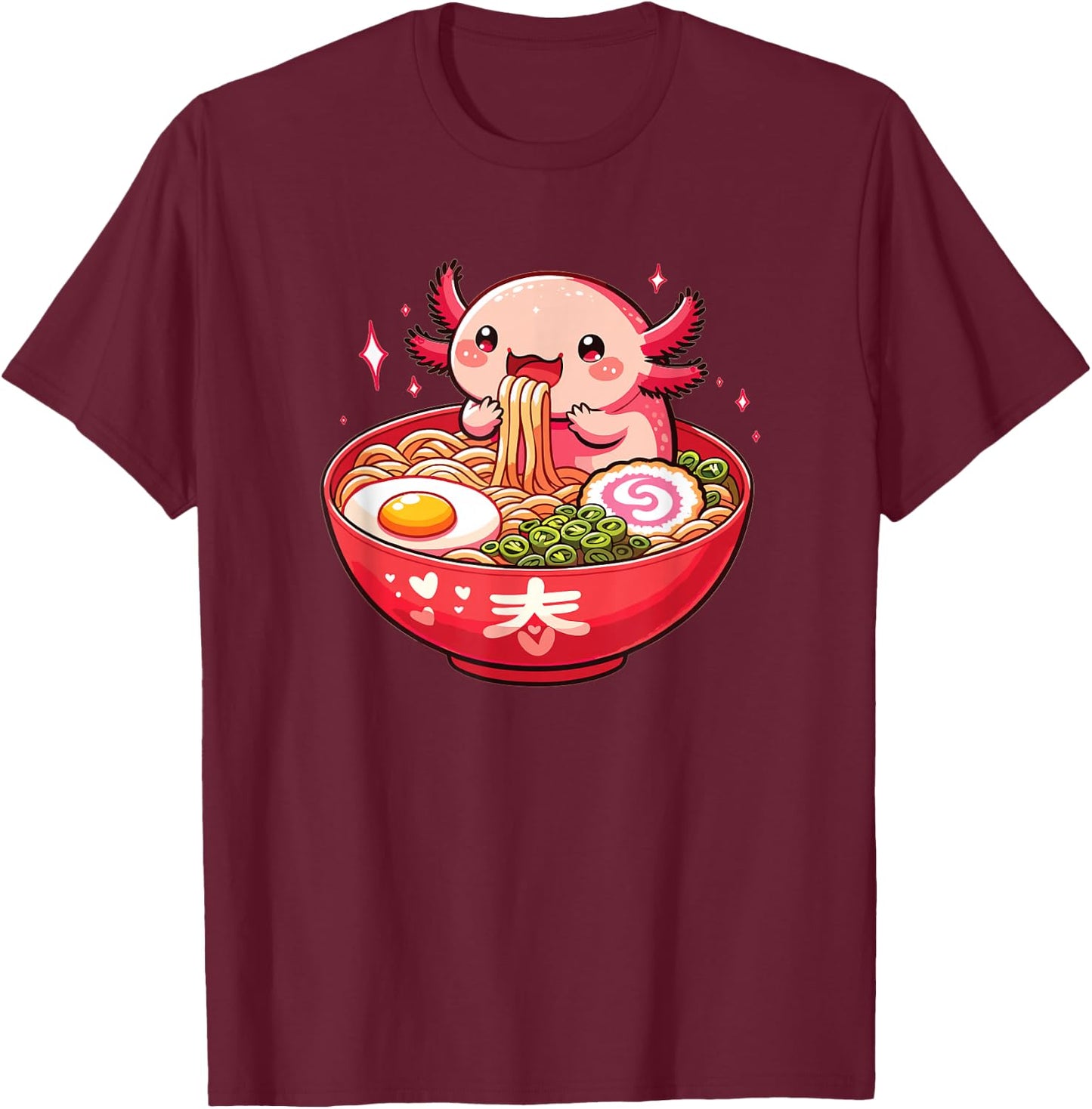 Sweet Axolotl Eats Ramen Noodles Axolotls Ramen T-Shirt - T-Shirt | Maroon