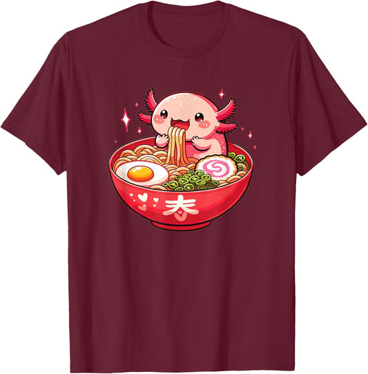 Sweet Axolotl Eats Ramen Noodles Axolotls Ramen T-Shirt - T-Shirt | Maroon