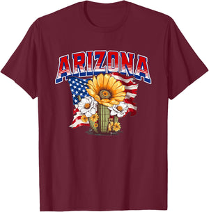 Arizona Flower Saguaro Cactus Blossom US Flag Red White Blue T-Shirt - T-Shirt | Maroon