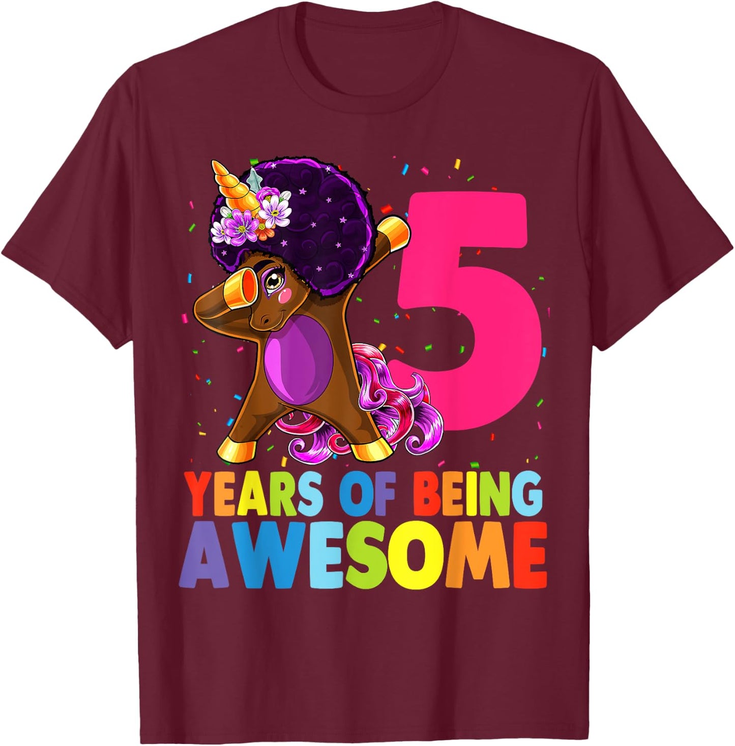 5th Birthday Dabbing Unicorn Afro Party Gift 5 Years Old T-Shirt - T-Shirt | Maroon
