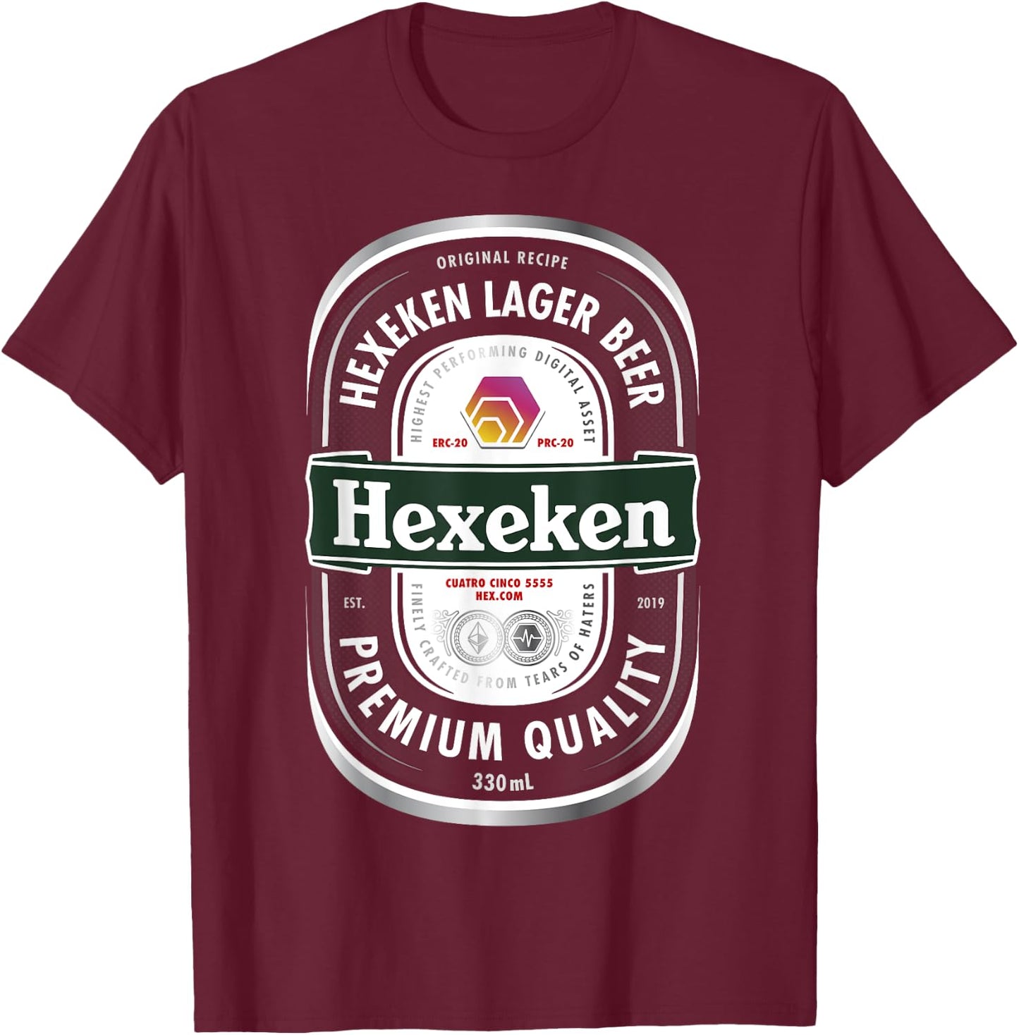 HEX Crypto Hexeken Lager Beer Brand Parody Label Hexican T-Shirt - T-Shirt | Maroon