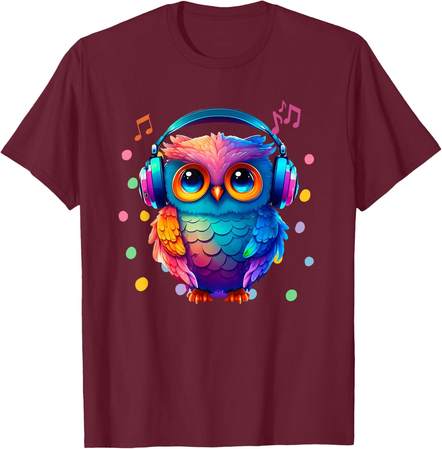 Rainbow Owl With Headphones Music Colorful Owl Graphic T-Shirt - T-Shirt | Maroon