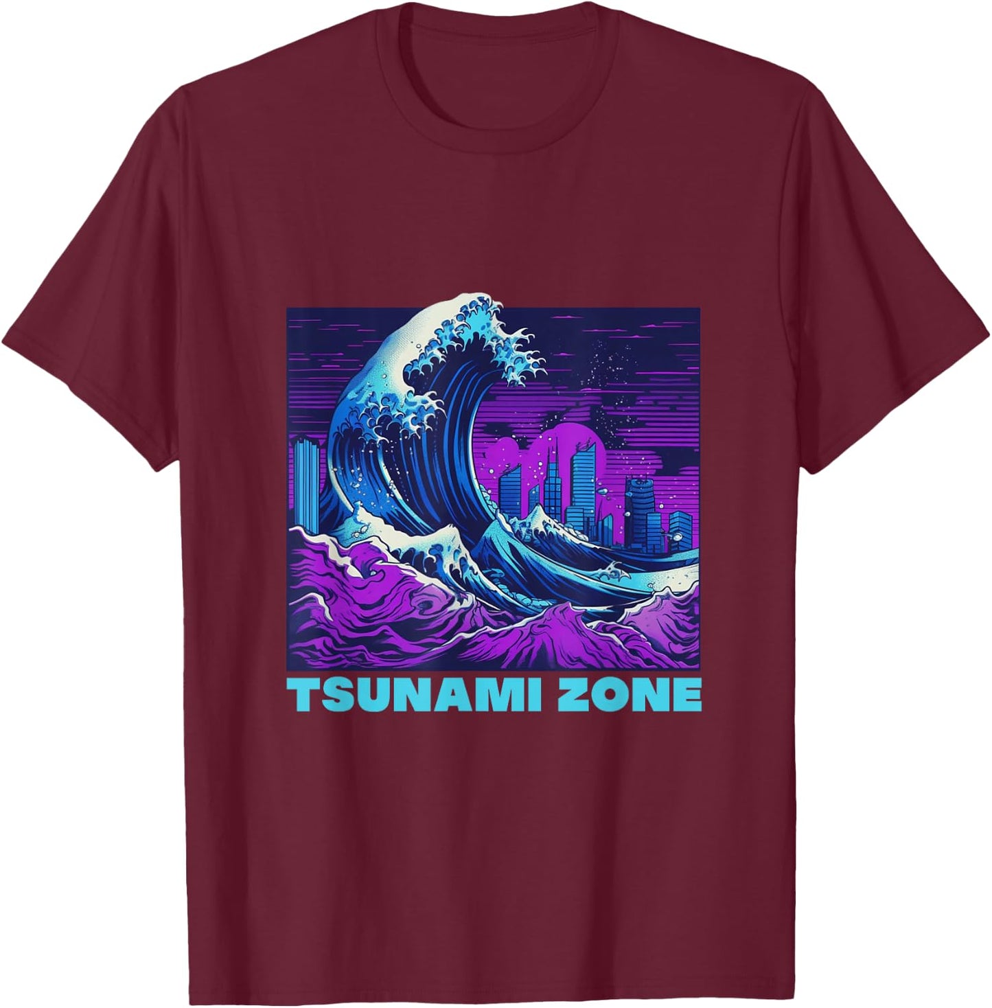 Great Wave Vaporwave "Tsunami Zone" Synthwave Tidal Wave T-Shirt - T-Shirt | Maroon
