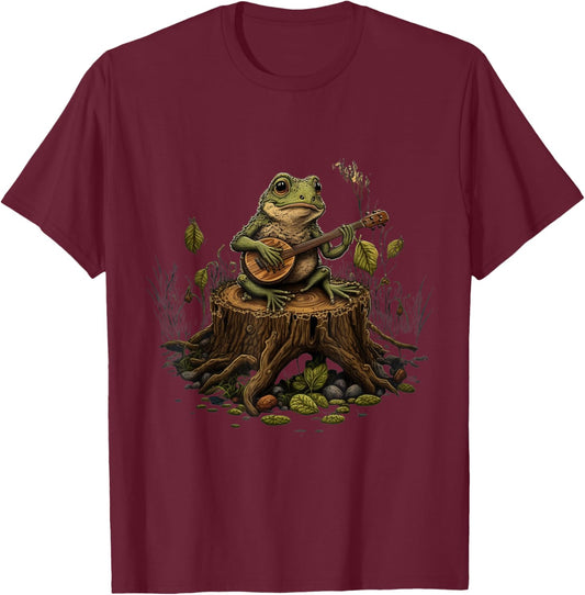 Frog Playing Banjo On Log T-Shirt - T-Shirt | Maroon