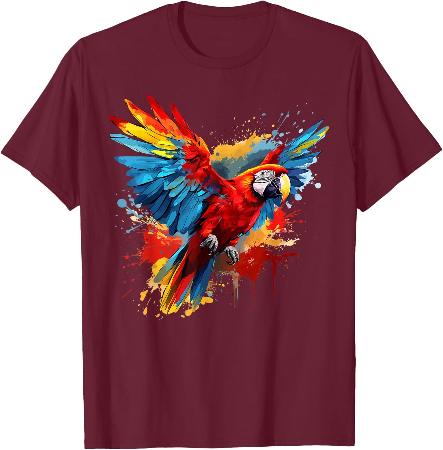 Splash Art Scarlet Macaw Parrot Lover Colorful T-Shirt - T-Shirt | Maroon