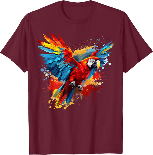 Splash Art Scarlet Macaw Parrot Lover Colorful T-Shirt - T-Shirt | Maroon