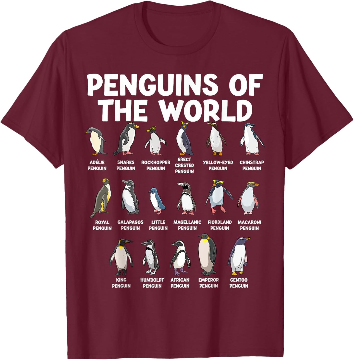 Penguins Of The World Kawaii Types Of Penguins Sea Animal T-Shirt - T-Shirt | Maroon