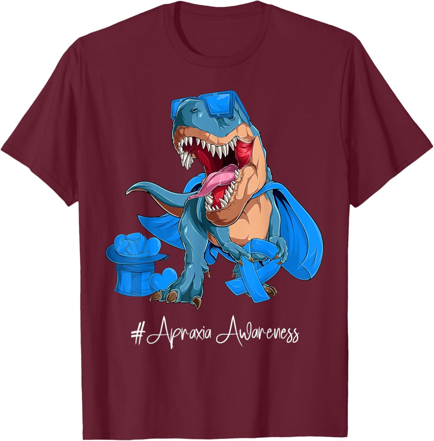 Apraxia Awareness Month Blue Ribbon Trex T-Shirt - T-Shirt | Maroon