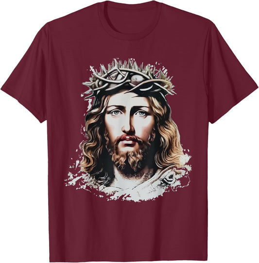 Face of Jesus Christ Crown of Thorns Catholic Faith T-Shirt - T-Shirt | Maroon