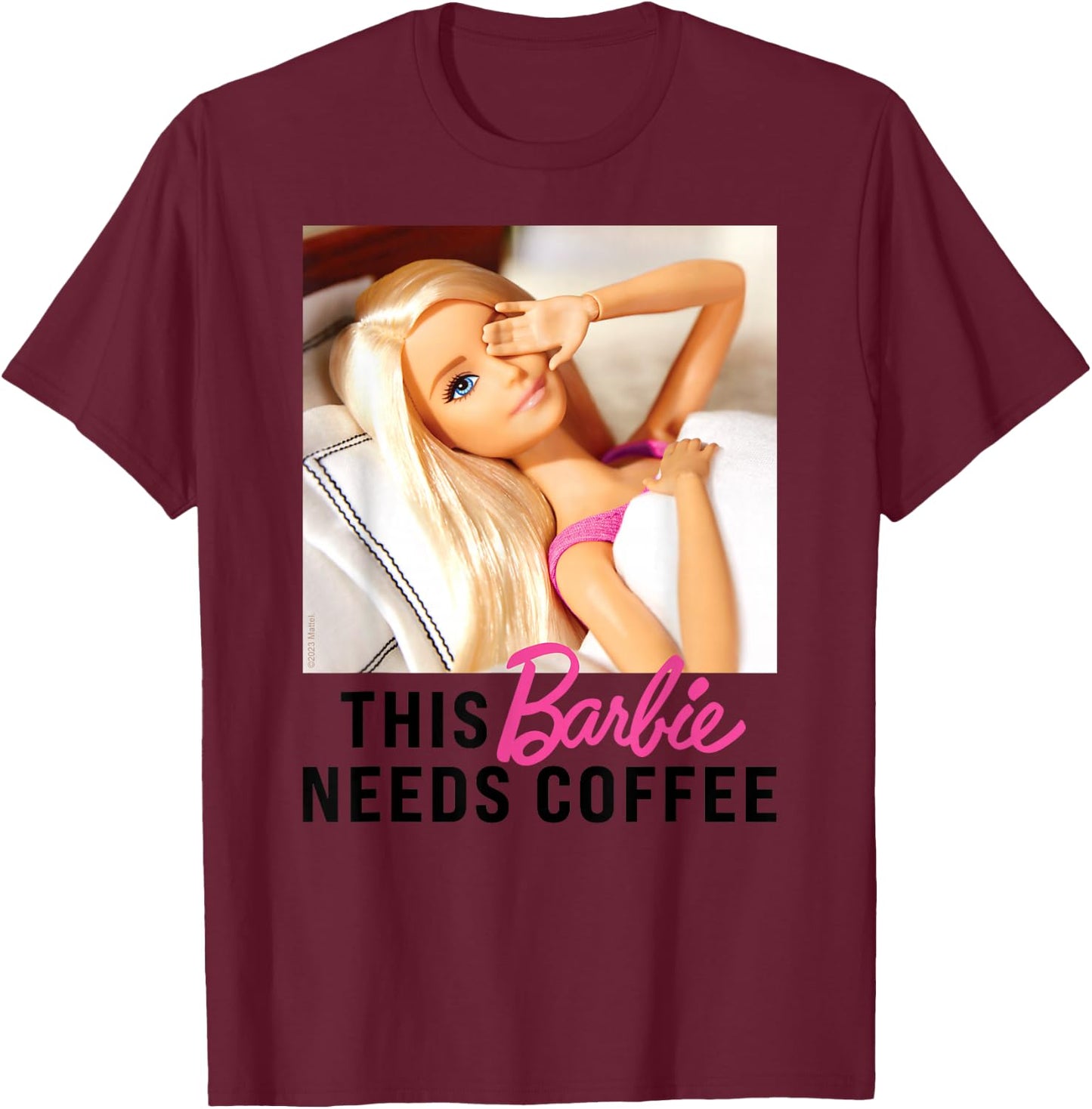 Barbie - This Barbie Needs Coffee T-Shirt - T-Shirt | Maroon