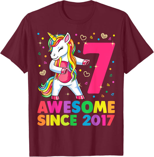 7 Years Old Unicorn Flossing 7th Birthday Girl Unicorn Party T-Shirt - T-Shirt | Maroon