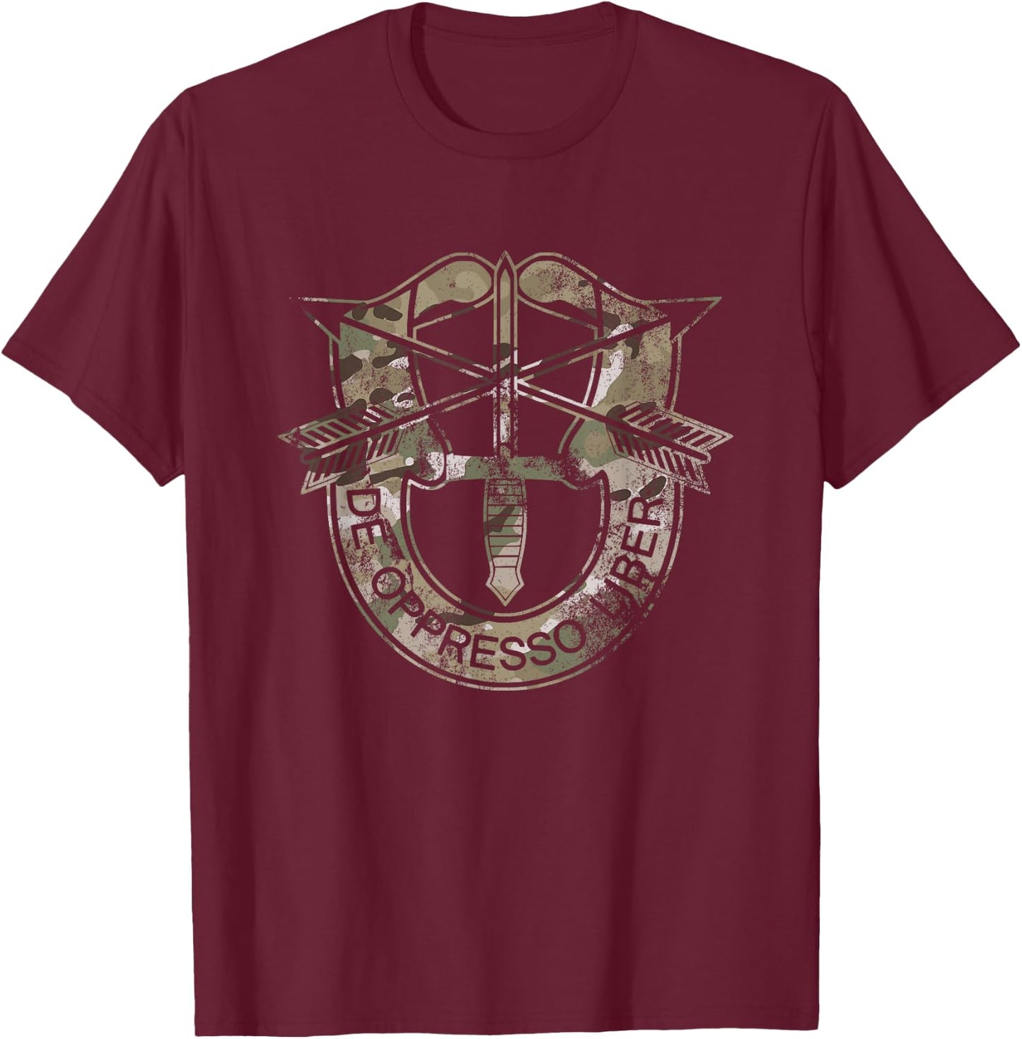 US Special Forces De Oppresso Liber Retro OCP Camo Multicam T-Shirt - T-Shirt | Maroon