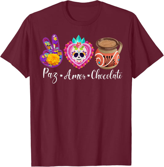 Paz, Amor Y Chocolate Taza De Barro Jarrito Chorreado Mexico T-Shirt - T-Shirt | Maroon