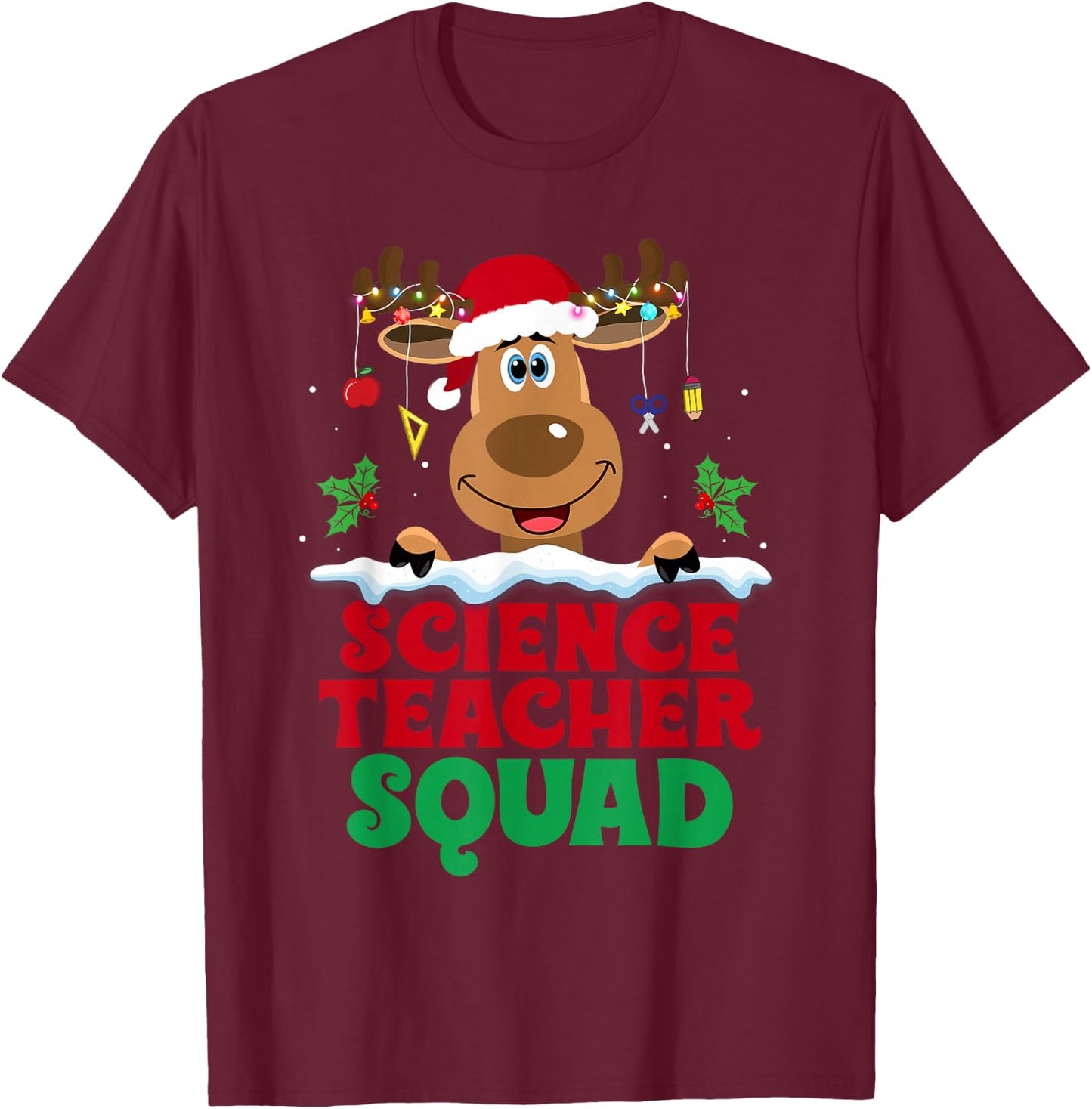 Science Teacher Squad Reindeer Santa Hat Funny Christmas T-Shirt - T-Shirt | Maroon