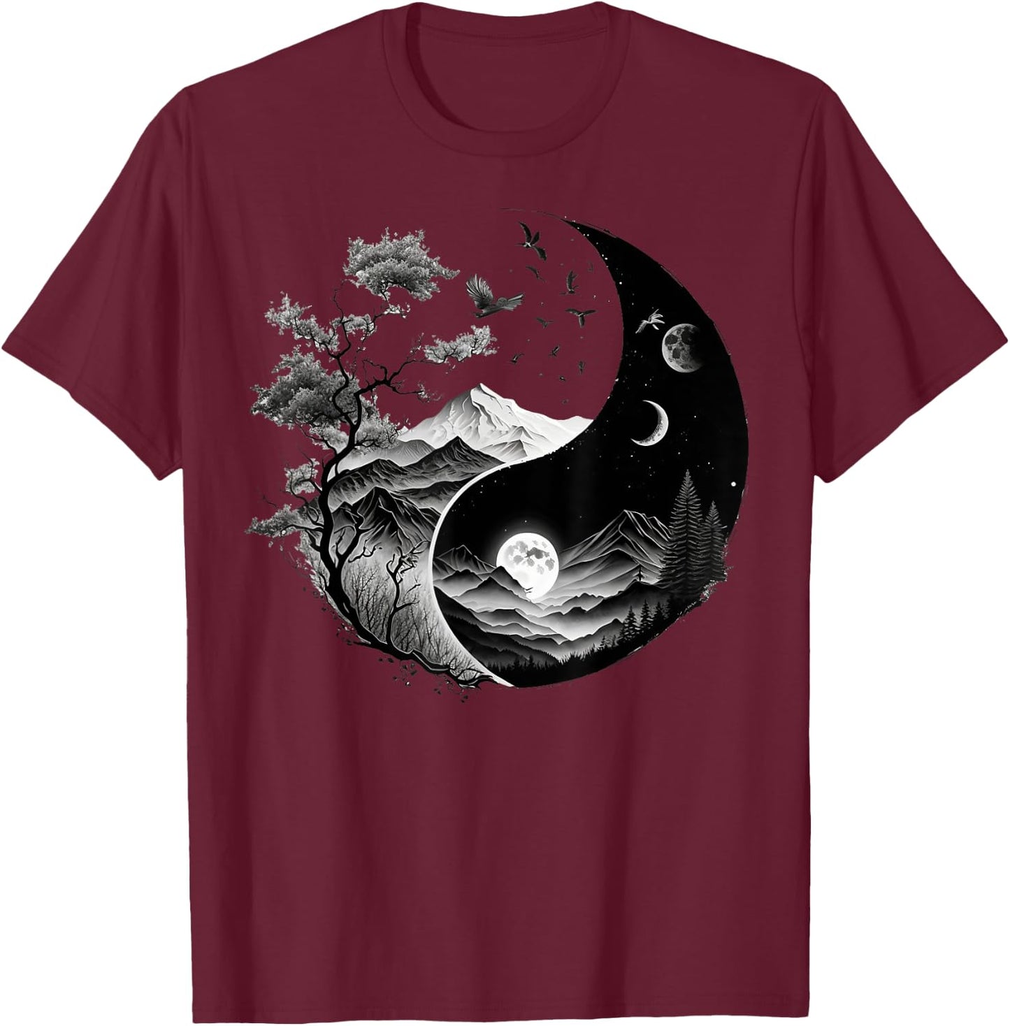 Taoism Symbol on Black and White Nature Taijitu Yin Yang T-Shirt - T-Shirt | Maroon
