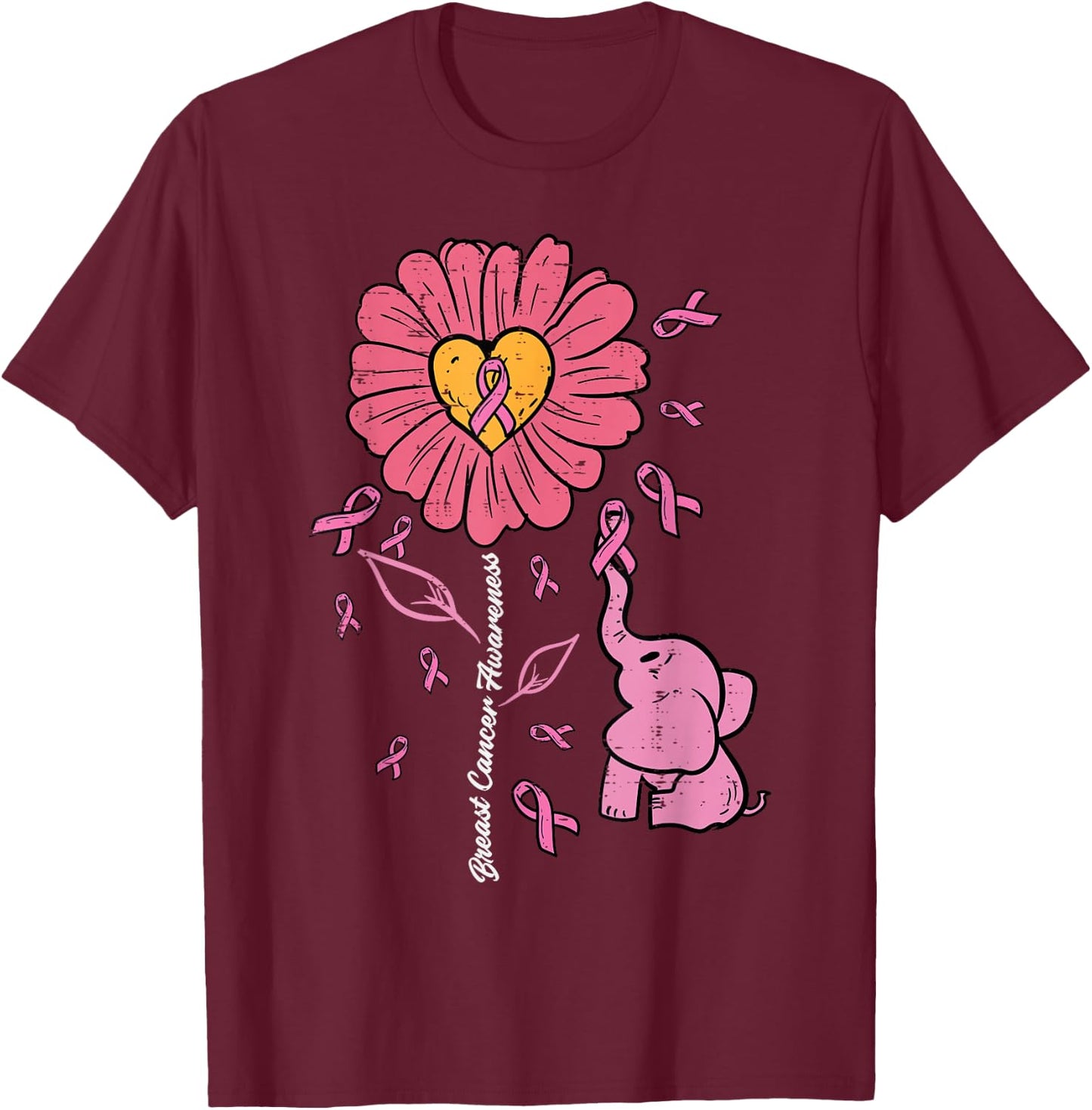 Pink Sunflower Elephant Daisy Breast Cancer Awareness Women T-Shirt - T-Shirt | Maroon