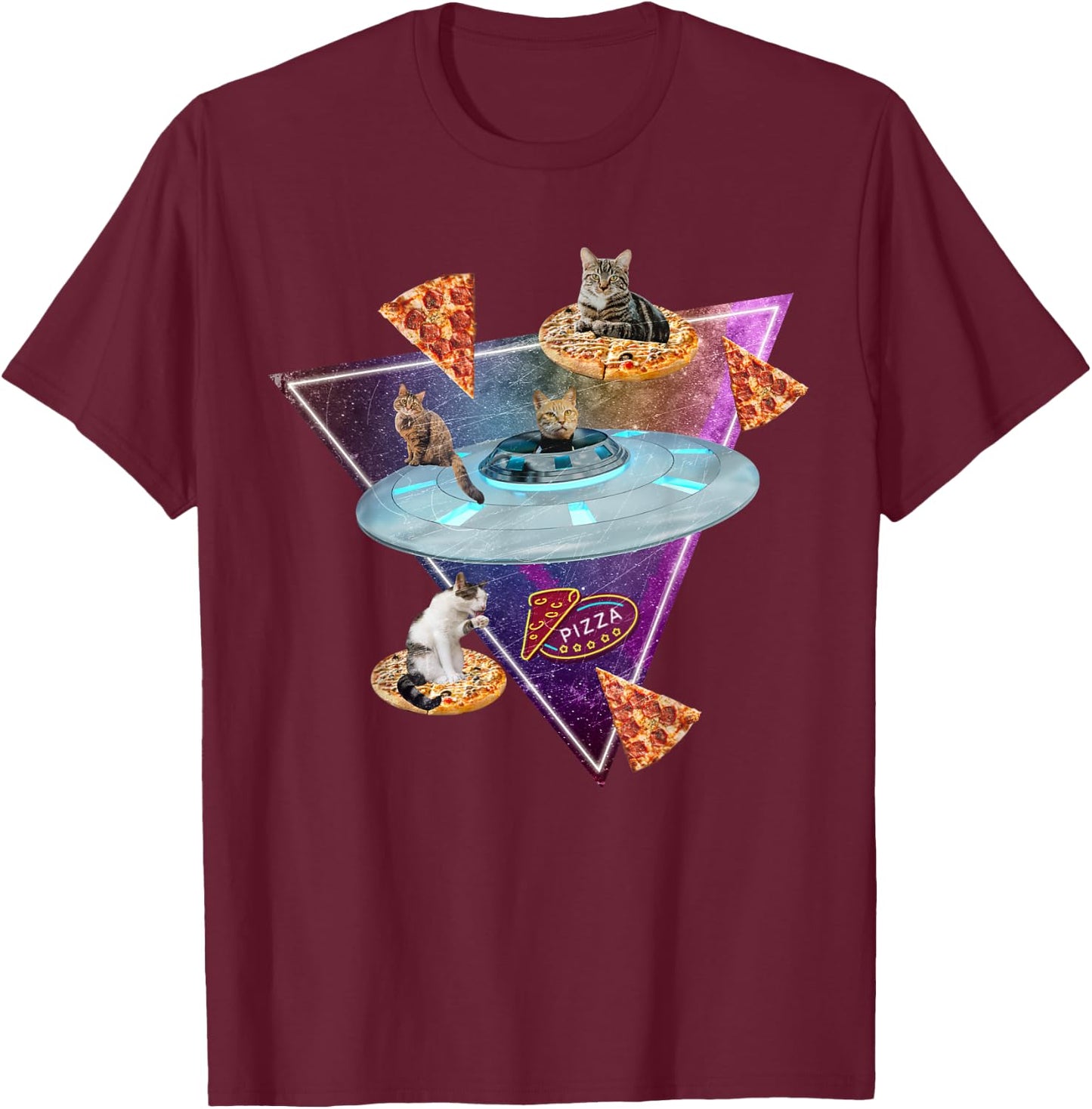 Funny UFO Space Pizza Galaxy Cat Women Kids T-Shirt - T-Shirt | Maroon