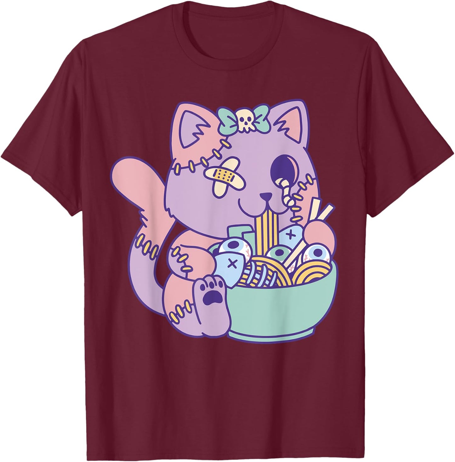 Cute Pastel Kawaii Zombie Cat Eating Ramen Halloween 2023 T-Shirt - T-Shirt | Maroon