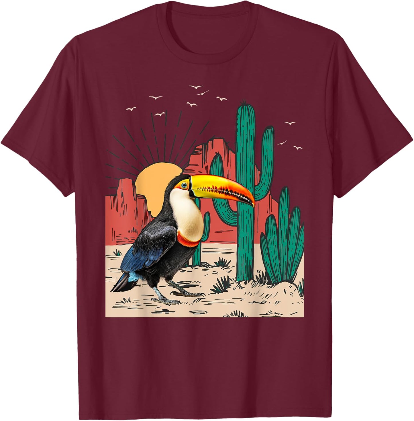 Toucans Birds Vintage Sunset Mountain Cactus Desert Toucan T-Shirt - T-Shirt | Maroon