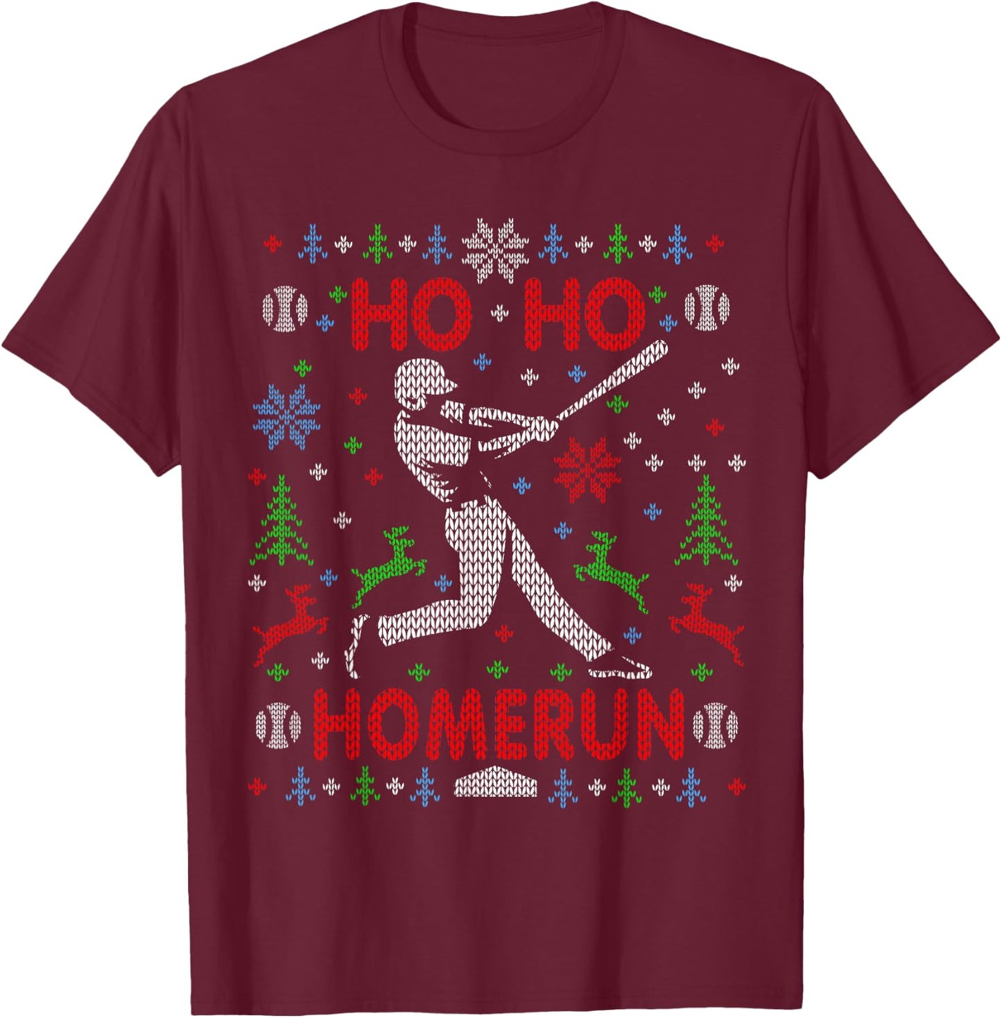 Ho Ho Homerun Baseball Ugly Christmas Sweater Party Hitter T-Shirt - T-Shirt | Maroon