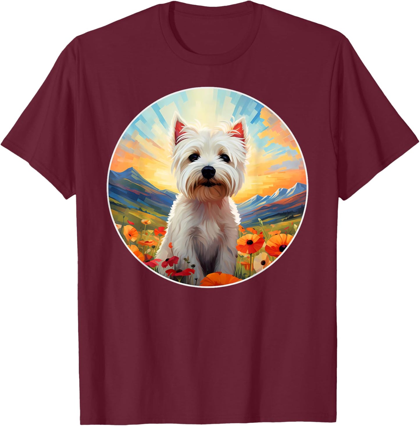 Cute West Highland Terrier Westie Flower Mountain Sunset Dog Men Women Girls Kids T-Shirt - T-Shirt | Maroon