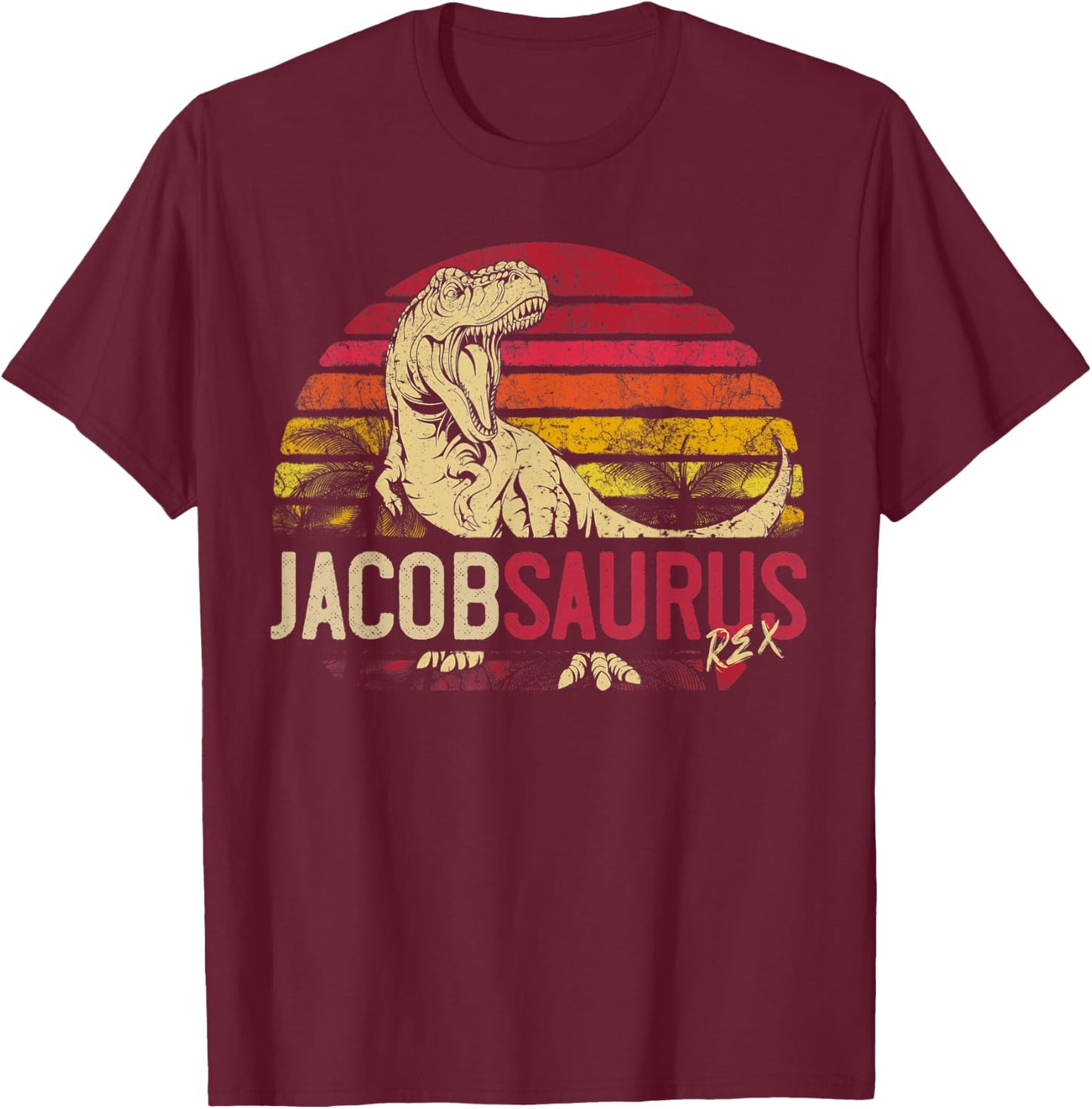 Jacob Saurus Funny Personalized Dinosaur T Rex Name Boy Gift T-Shirt - T-Shirt | Maroon