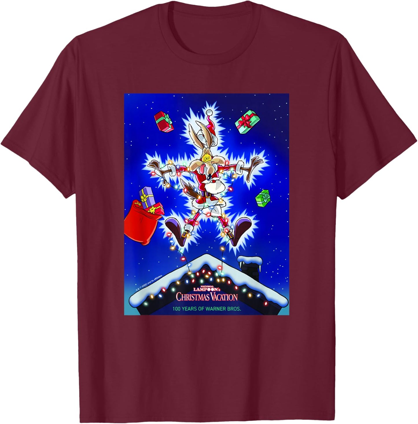 WB 100 Looney Tunes Christmas Vacation Wile E. Coyote Santa T-Shirt - T-Shirt | Maroon