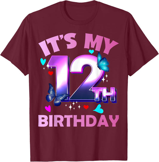 Butterflies - Girls and Boys - It´s My 12th Birthday T-Shirt - T-Shirt | Maroon