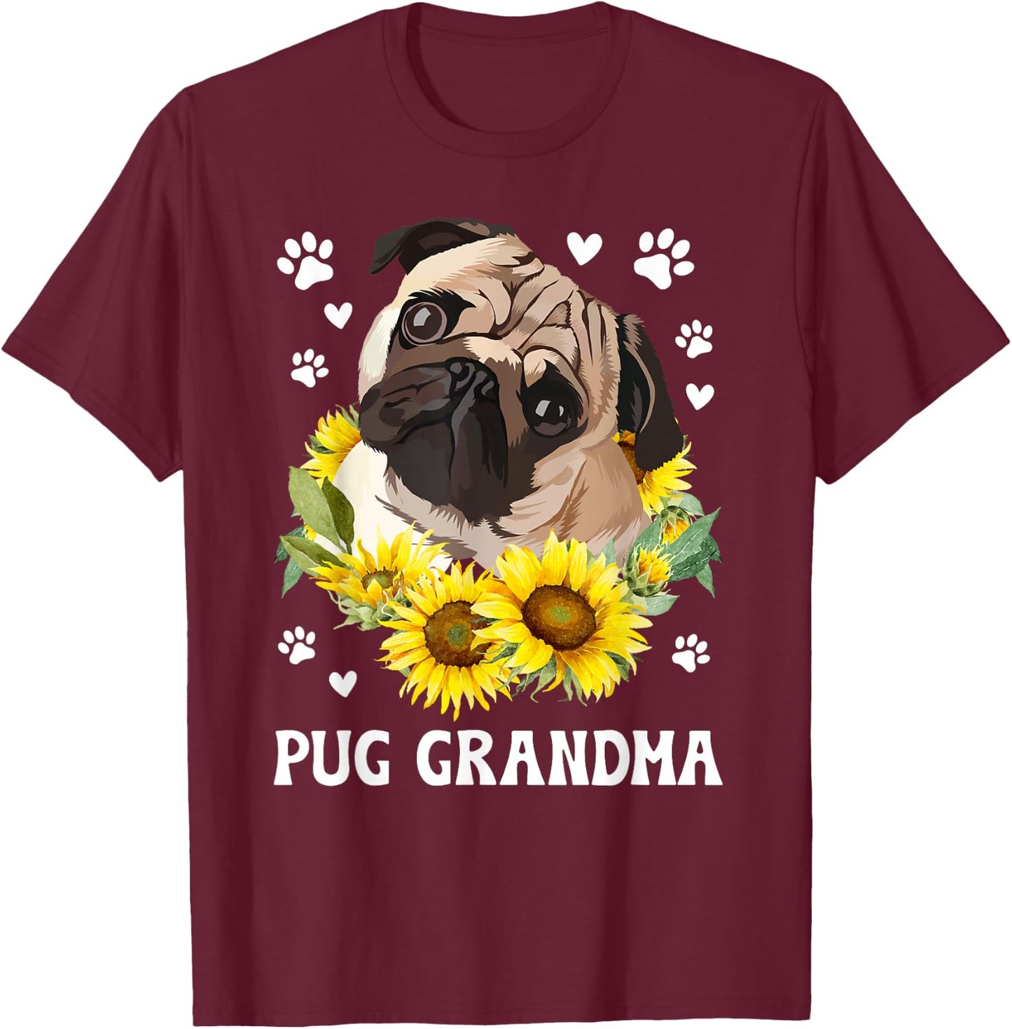 Pug Grandma Flowers Grandma Of A Pug Grandmother T-Shirt - T-Shirt | Maroon