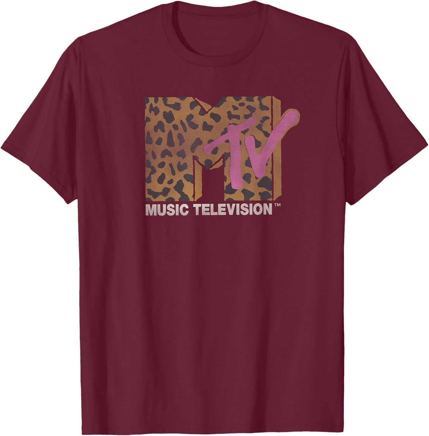 MTV Music Television Leopard Pattern Distressed Classic Logo T-Shirt - T-Shirt | Maroon