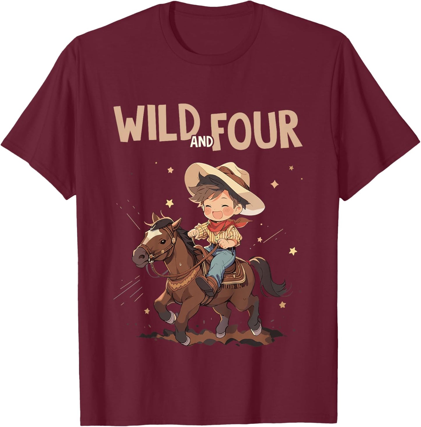 Kids 4th Birthday Cute Little Cowboy Western - Wild and Four T-Shirt - T-Shirt | Maroon