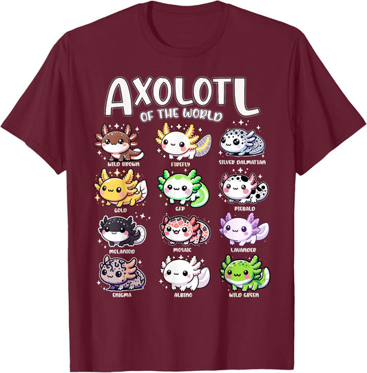 Axolotls Of The World Kawaii Types Of Axolotl Fish Amphibian T-Shirt - T-Shirt | Maroon