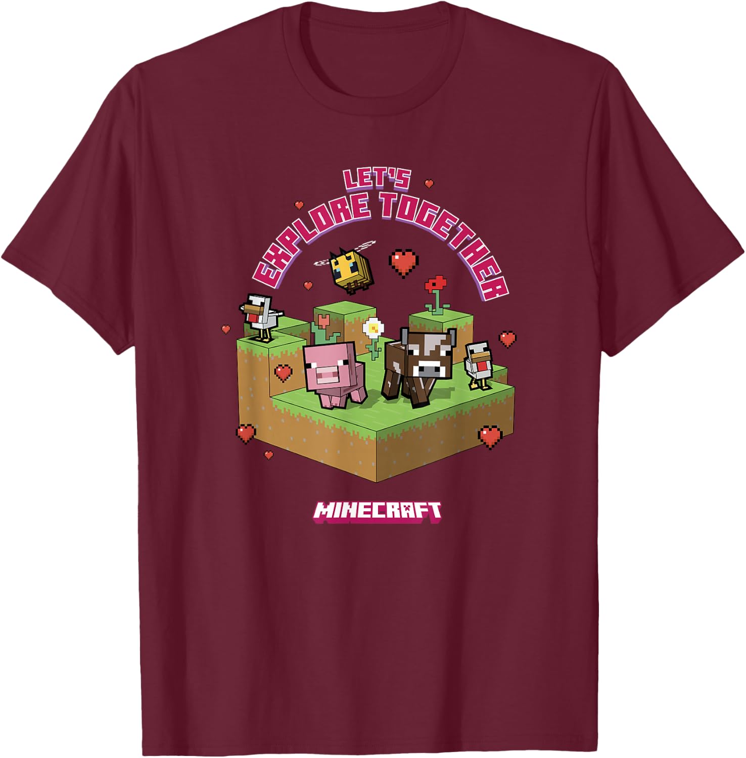Minecraft Valentine's Day Let's Explore Together Group Shot T-Shirt - T-Shirt | Maroon