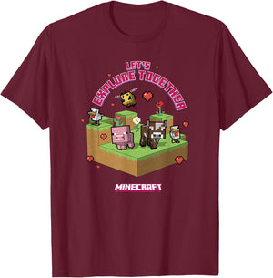 Minecraft Valentine's Day Let's Explore Together Group Shot T-Shirt - T-Shirt | Maroon