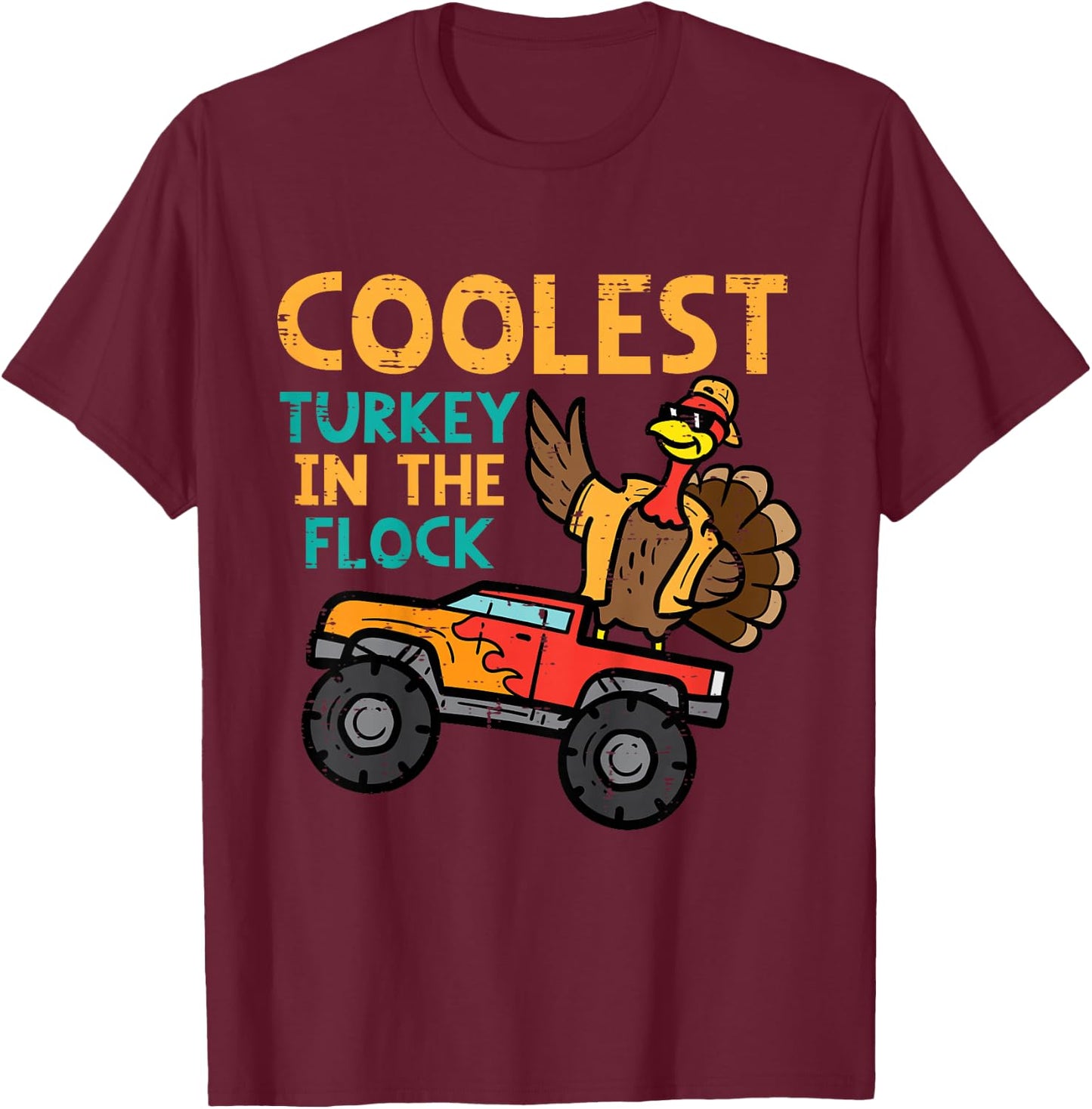 Kids Thanksgiving Monster Truck Coolest Turkey Flock Toddler Boys T-Shirt - T-Shirt | Maroon