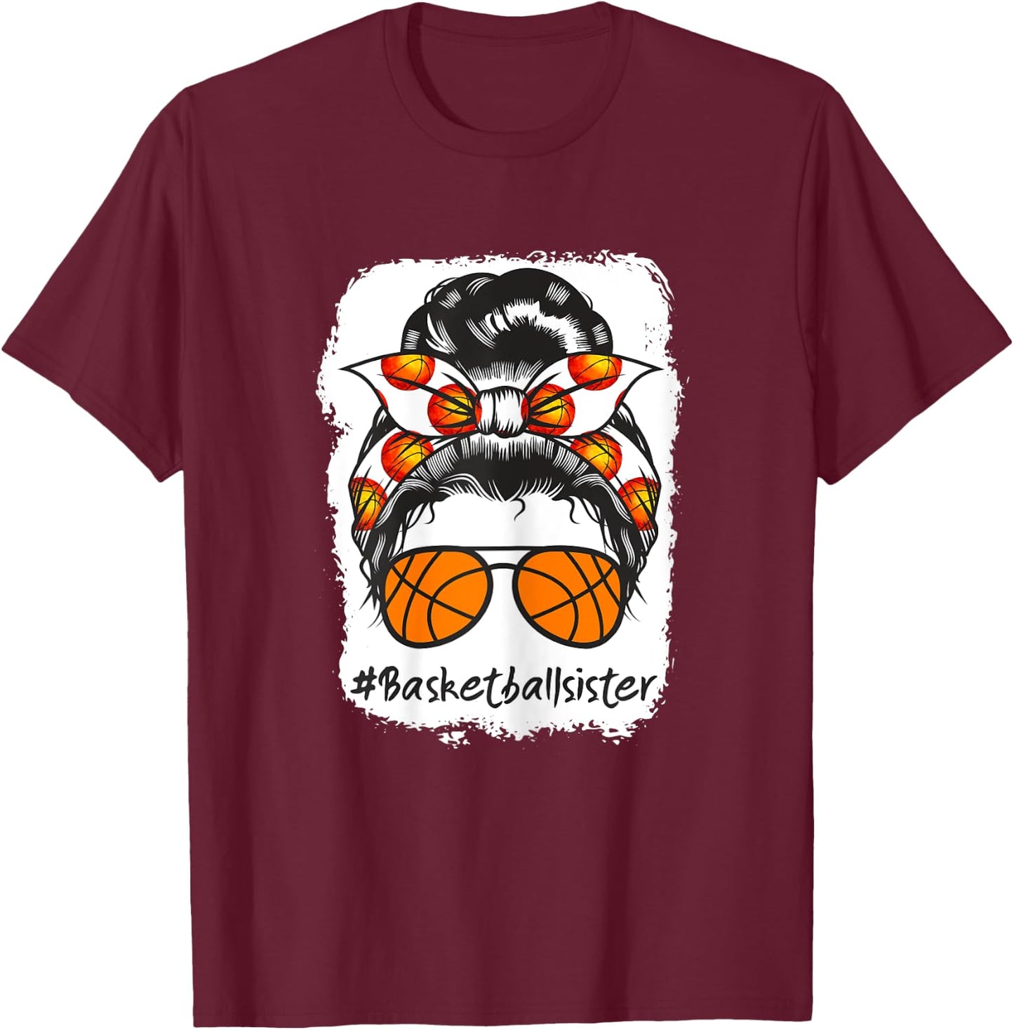 Bleached Basketball Sister Messy Bun Ball T-Shirt - T-Shirt | Maroon