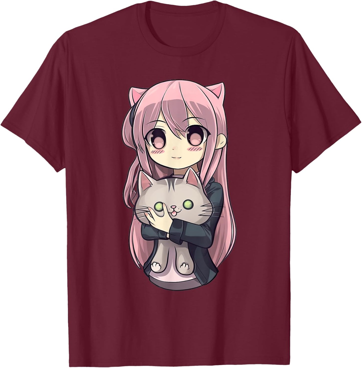 Anime and Cats Kawaii Cute Teen Otaku Girl with Cat T-Shirt - T-Shirt | Maroon