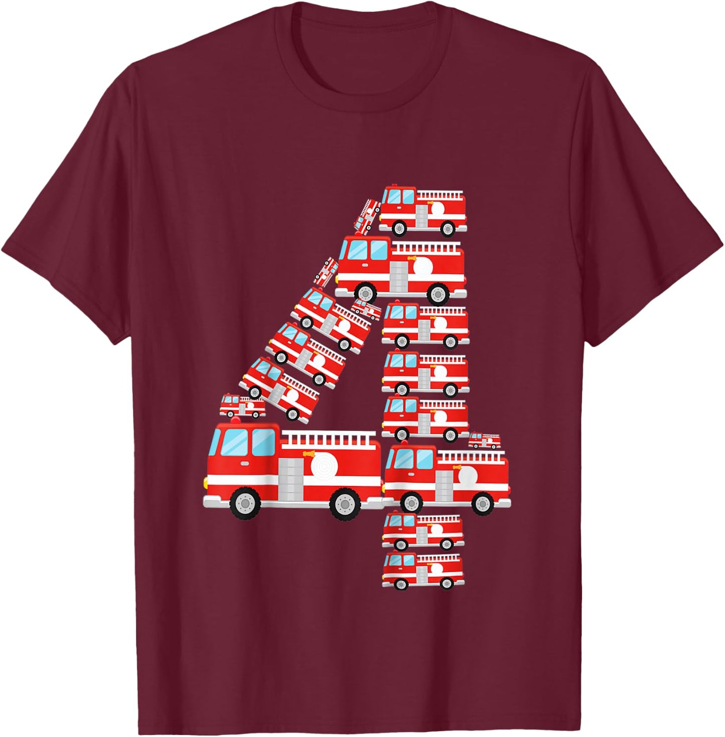 Kids Fire Truck 4th Birthday Boy 4 Year Old Firefighter T-Shirt - T-Shirt | Maroon