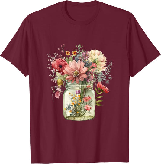 Vintage Cute Mason Jar Wildflower Cottage core T-Shirt - T-Shirt | Maroon