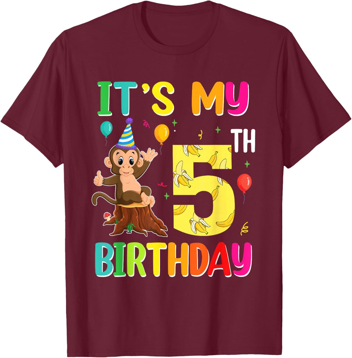 It's My 5th Birthday Monkey 5 Year Old Boy Girl T-Shirt - T-Shirt | Maroon